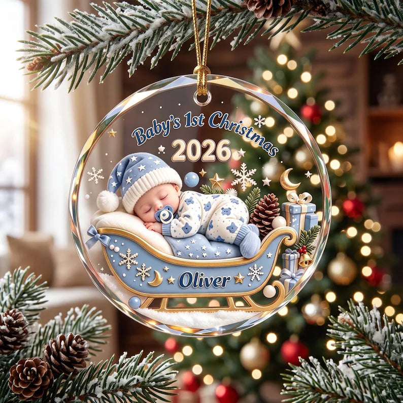 Personalized Baby's First Christmas 2026 Glass Ornament – Sleeping Baby in Sleigh