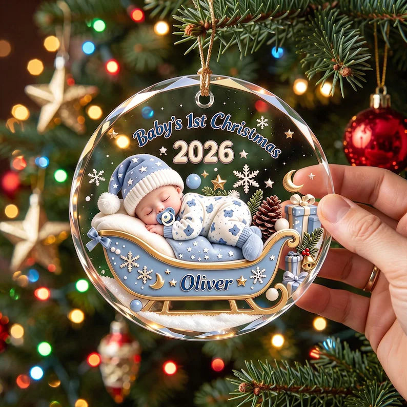 Personalized Baby's First Christmas 2026 Glass Ornament – Sleeping Baby in Sleigh