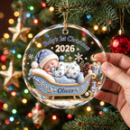 Personalized Baby's First Christmas 2026 Glass Ornament – Sleeping Baby in Sleigh