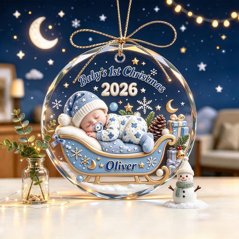 Personalized Baby's First Christmas 2026 Glass Ornament – Sleeping Baby in Sleigh