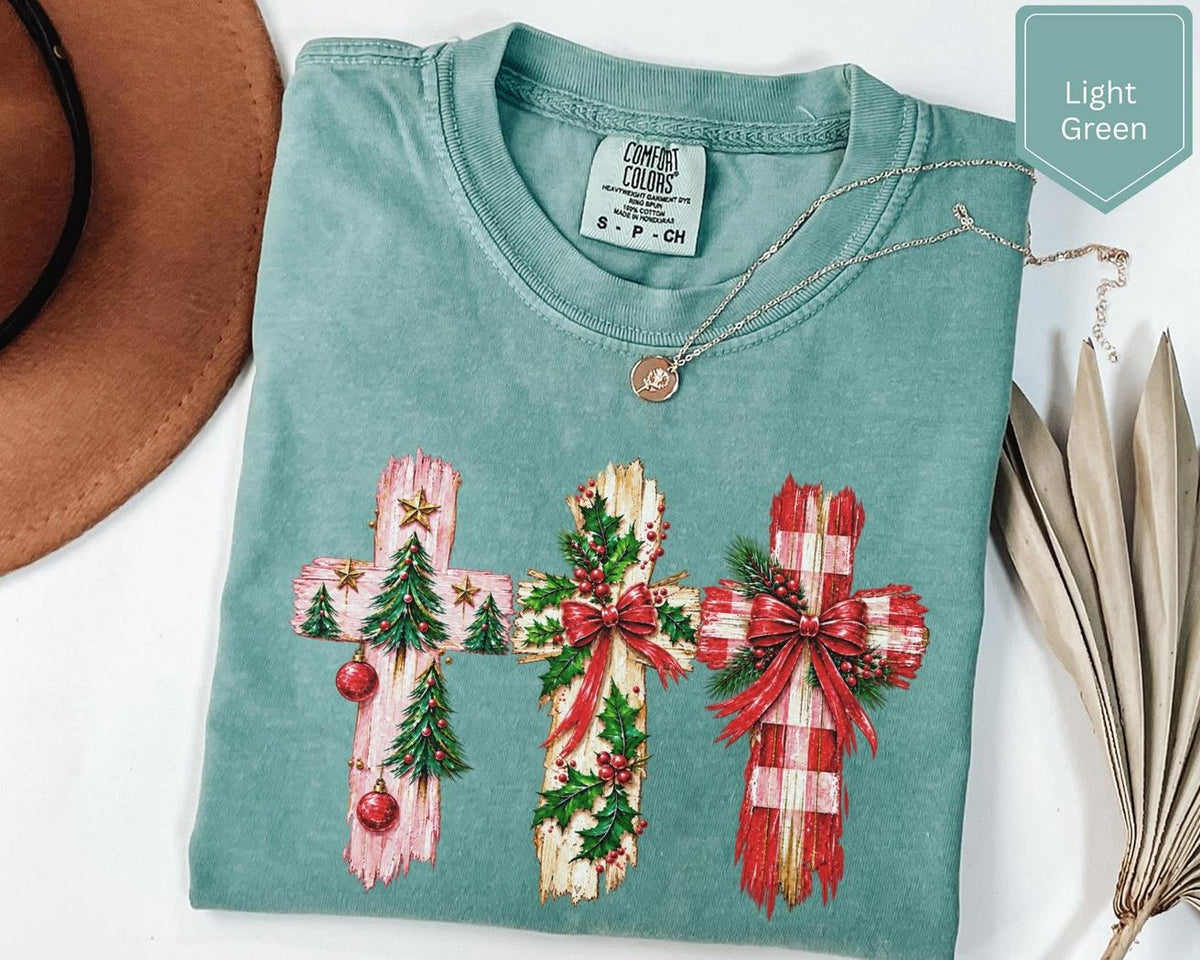 Christmas Crosses T-shirt | Vintage Holiday Graphic Tee with Floral Plaid Wreath Design, Cozy Casual Christmas Gift for Christians
