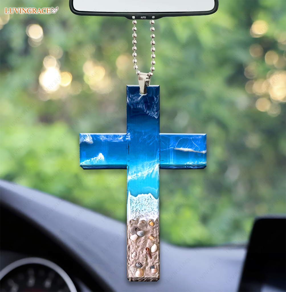 Large Beach Scene Cross Car Hanging Ornament