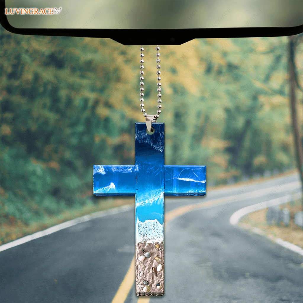 Large Beach Scene Cross Car Hanging Ornament