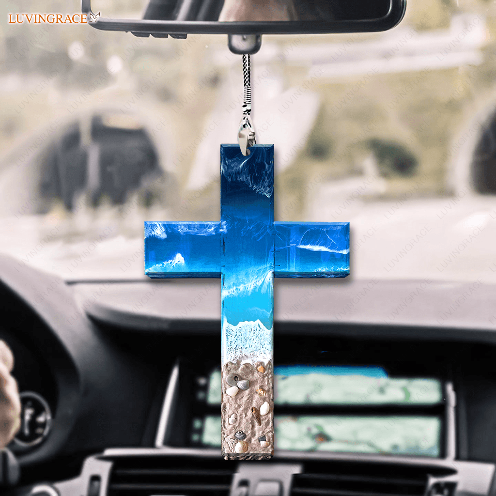 Large Beach Scene Cross Car Hanging Ornament