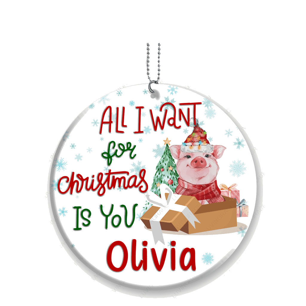 Little Baby Pig In Gift Box All I Want For Christmas Is You Personalized Ornament
