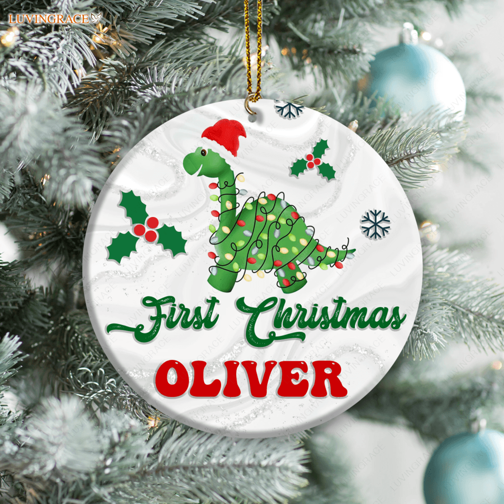 Little Dinosaur Christmas Light Baby First Personalized Ornament Ceramic