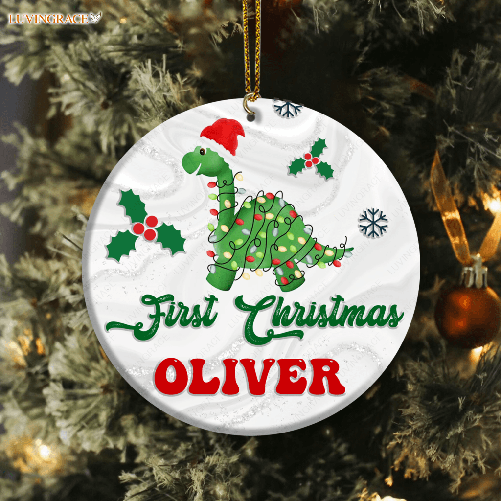 Little Dinosaur Christmas Light Baby First Personalized Ornament Ceramic