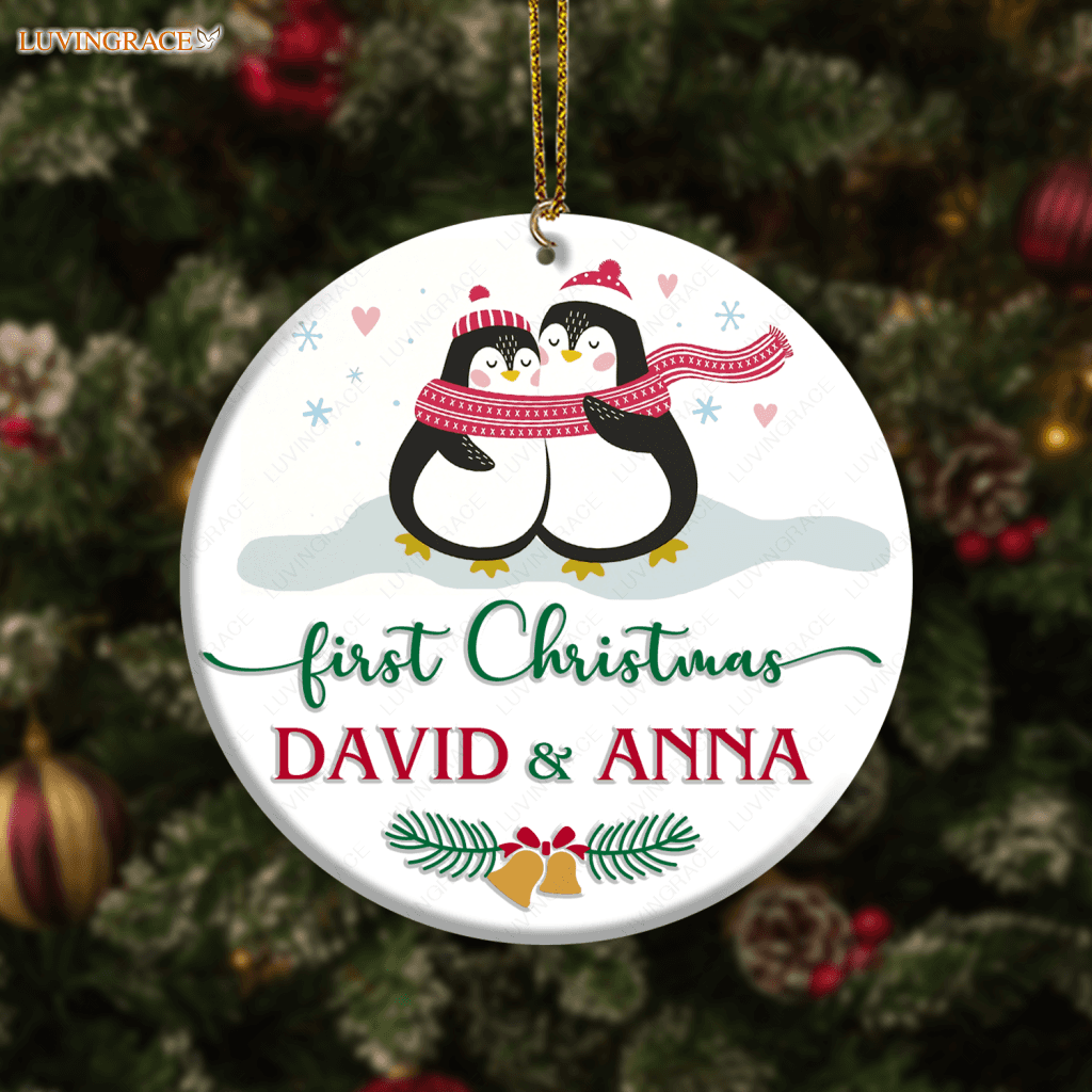 Loving Penguin Couple Our First Christmas Personalized Ornament Ceramic