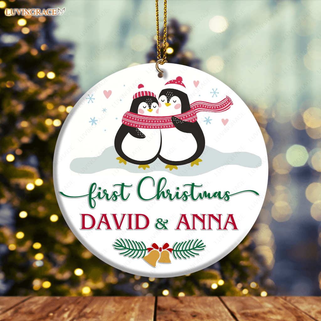 Loving Penguin Couple Our First Christmas Personalized Ornament Ceramic