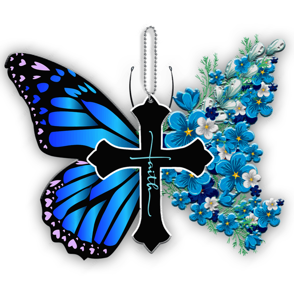 Luvingrace L185 Blue Flowers Butterfly Faith Cross Ornament