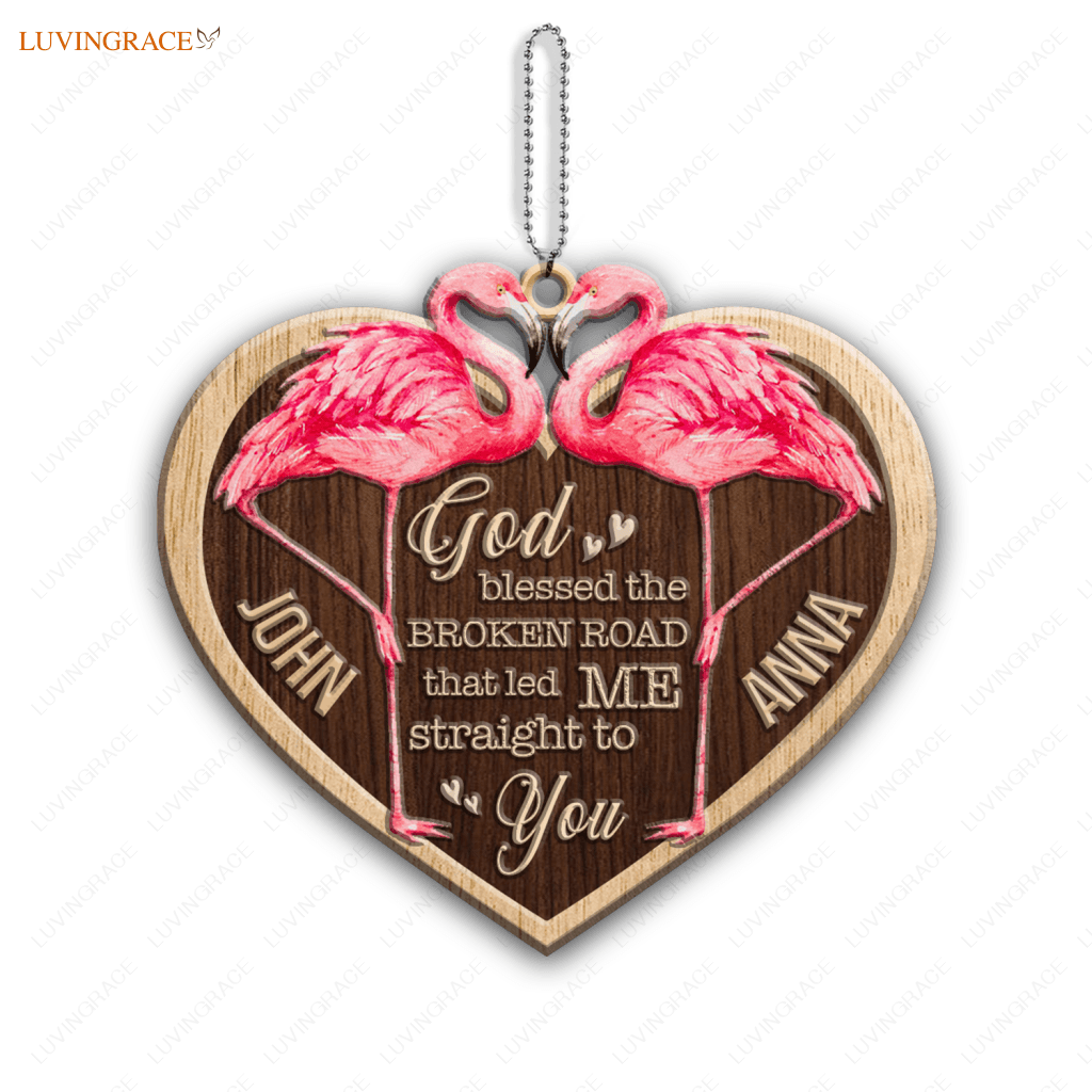 Luvingrace Pink Flamingo Couple God Blessed Personalized Ornaments Wooden Ornament