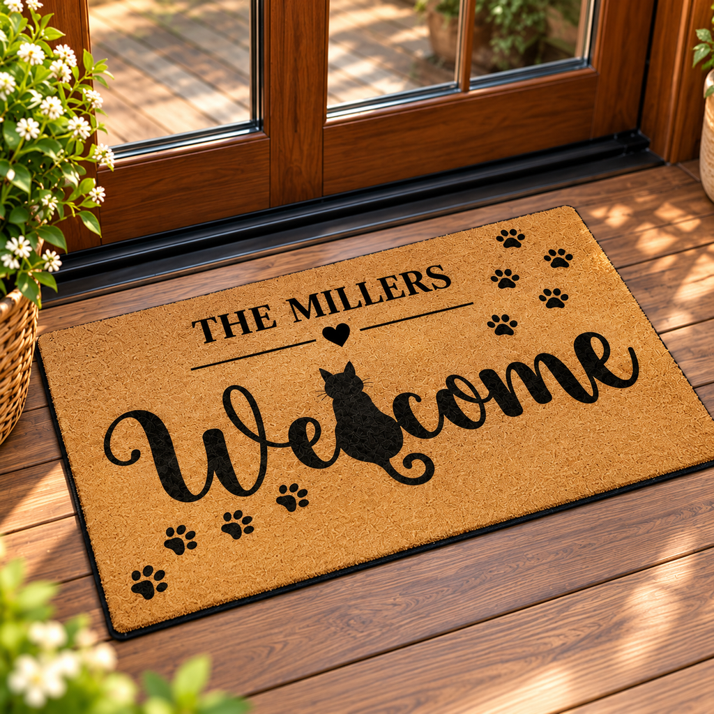 Personalized Family Name Cat Welcome Doormat – Cute Paw Print Home Decor
