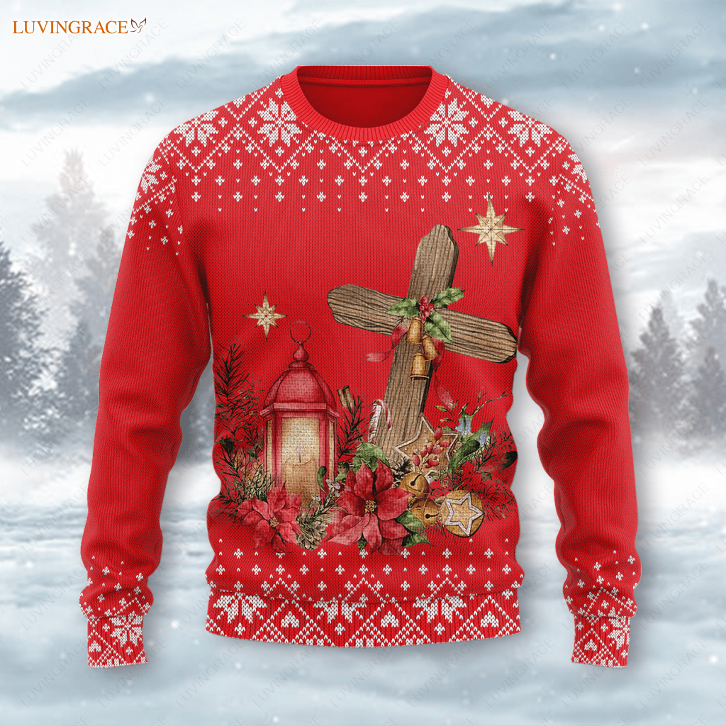Merry Christmas Floral Cross Wool Knitted Pattern Ugly Sweater S Sweatshirt
