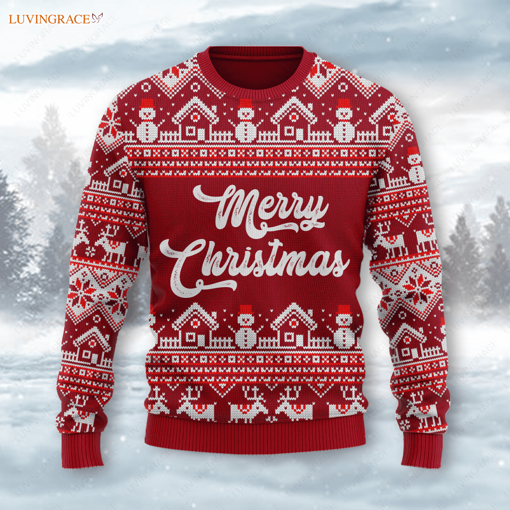 Merry Christmas Snowman Reindeer Wool Knitted Pattern Ugly Sweater S Sweatshirt