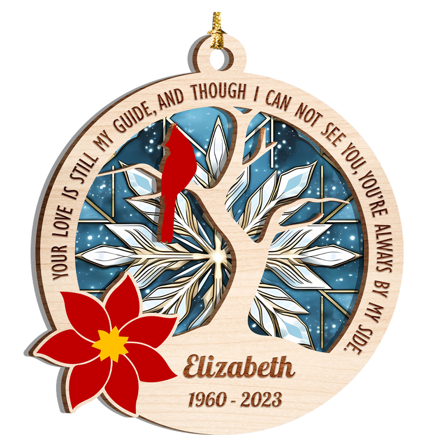 Cardinal Poinsettia You're Always By My Side Custom 2 Layers Stained Glass Suncatcher Christmas Car Hanging Wooden Ornament
