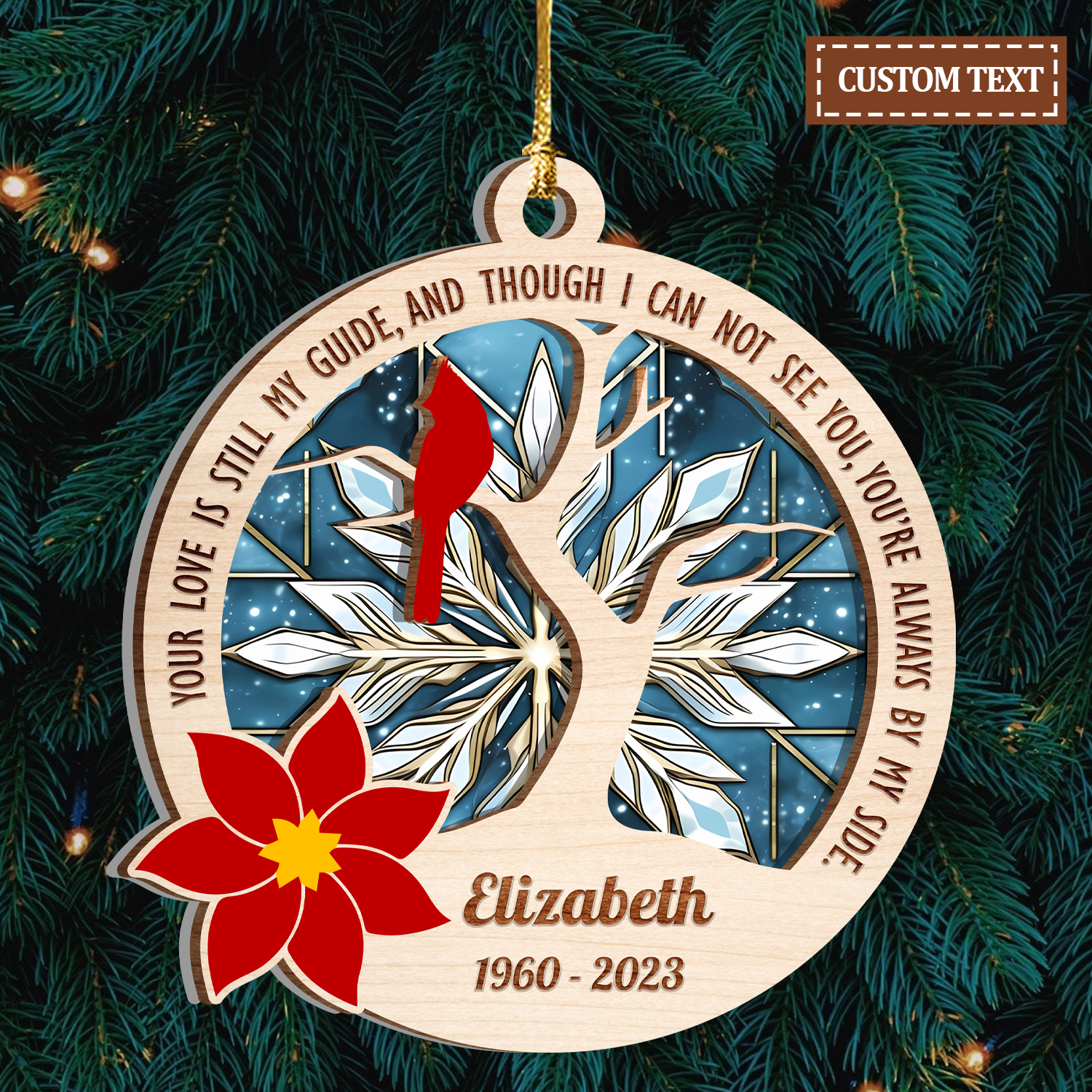 Cardinal Poinsettia You're Always By My Side Custom 2 Layers Stained Glass Suncatcher Christmas Car Hanging Wooden Ornament