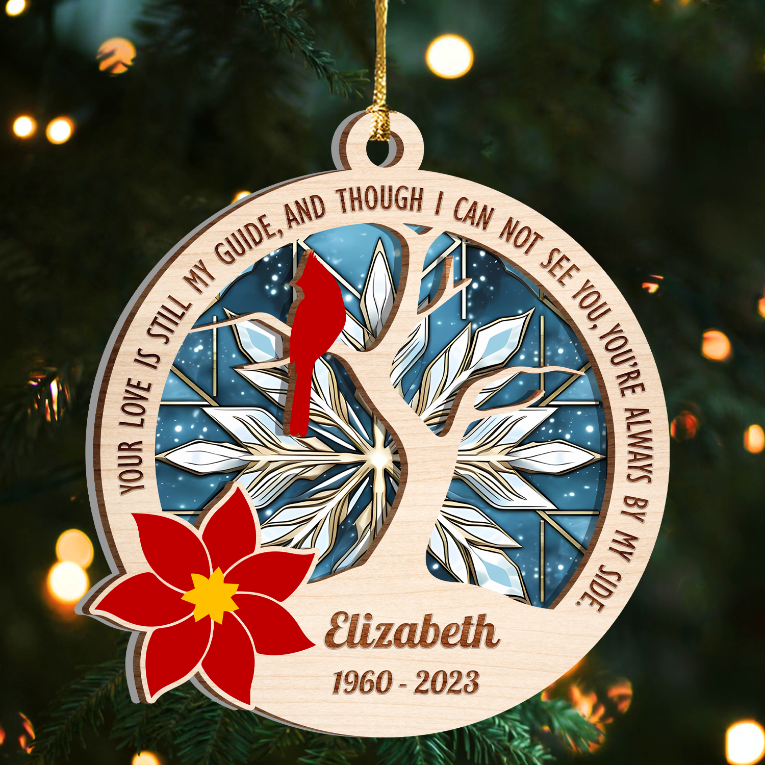 Cardinal Poinsettia You're Always By My Side Custom 2 Layers Stained Glass Suncatcher Christmas Car Hanging Wooden Ornament