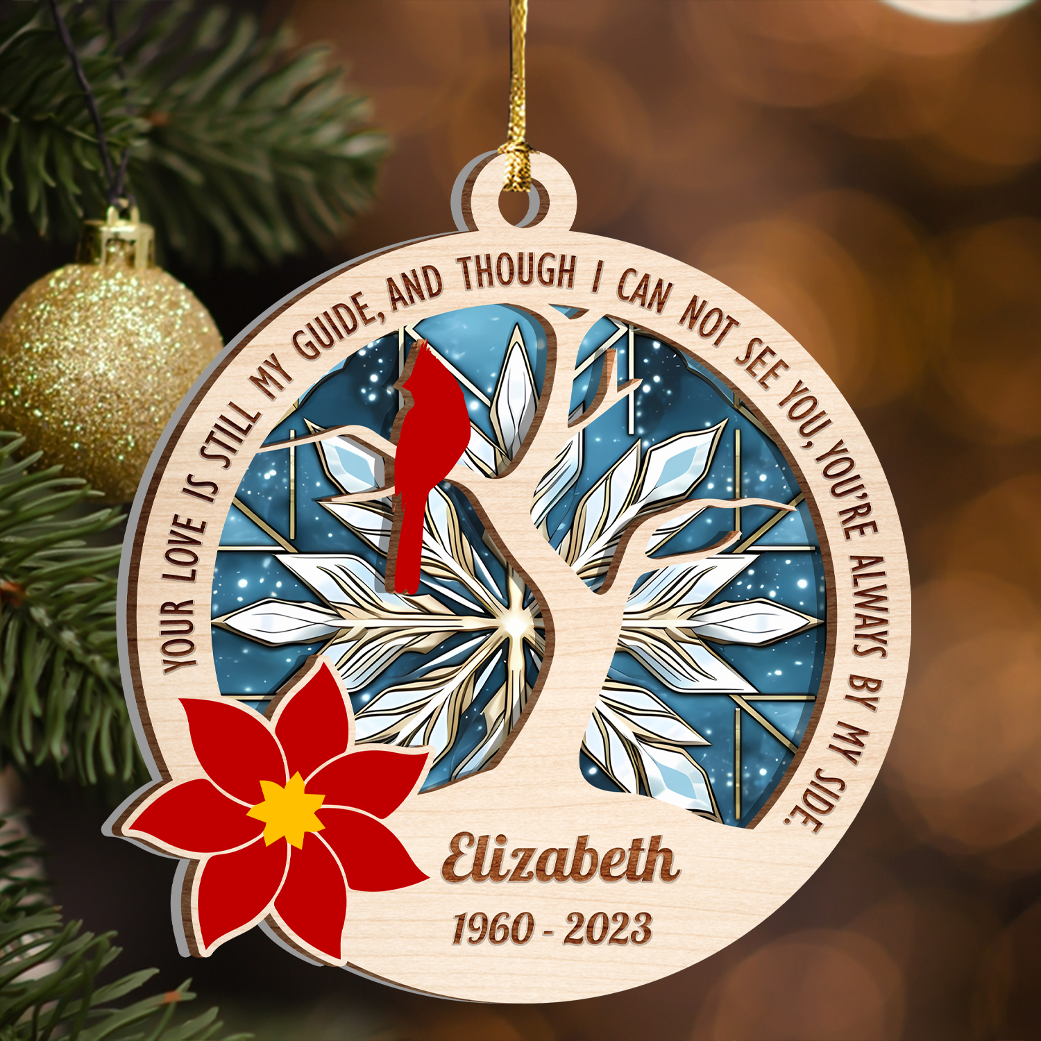 Cardinal Poinsettia You're Always By My Side Custom 2 Layers Stained Glass Suncatcher Christmas Car Hanging Wooden Ornament