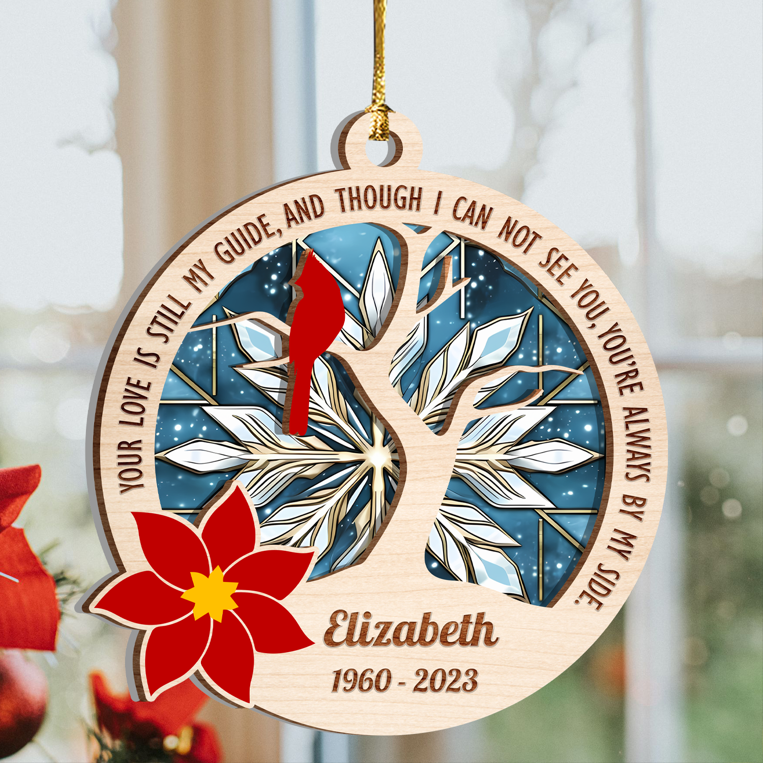 Cardinal Poinsettia You're Always By My Side Custom 2 Layers Stained Glass Suncatcher Christmas Car Hanging Wooden Ornament