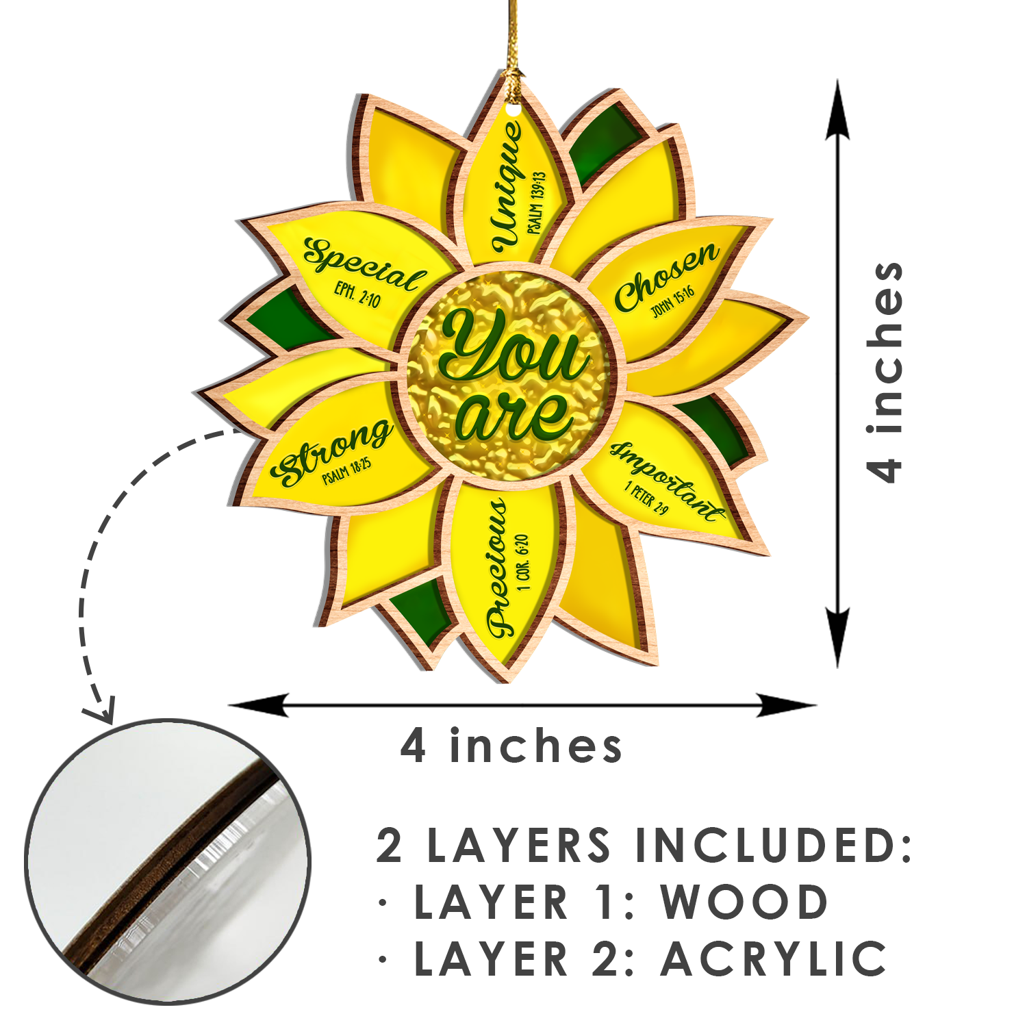 Sunflower You Are Bible Identity In Christ Ornament 2 Layers Christmas Car Hanging Wooden Acrylic Ornament