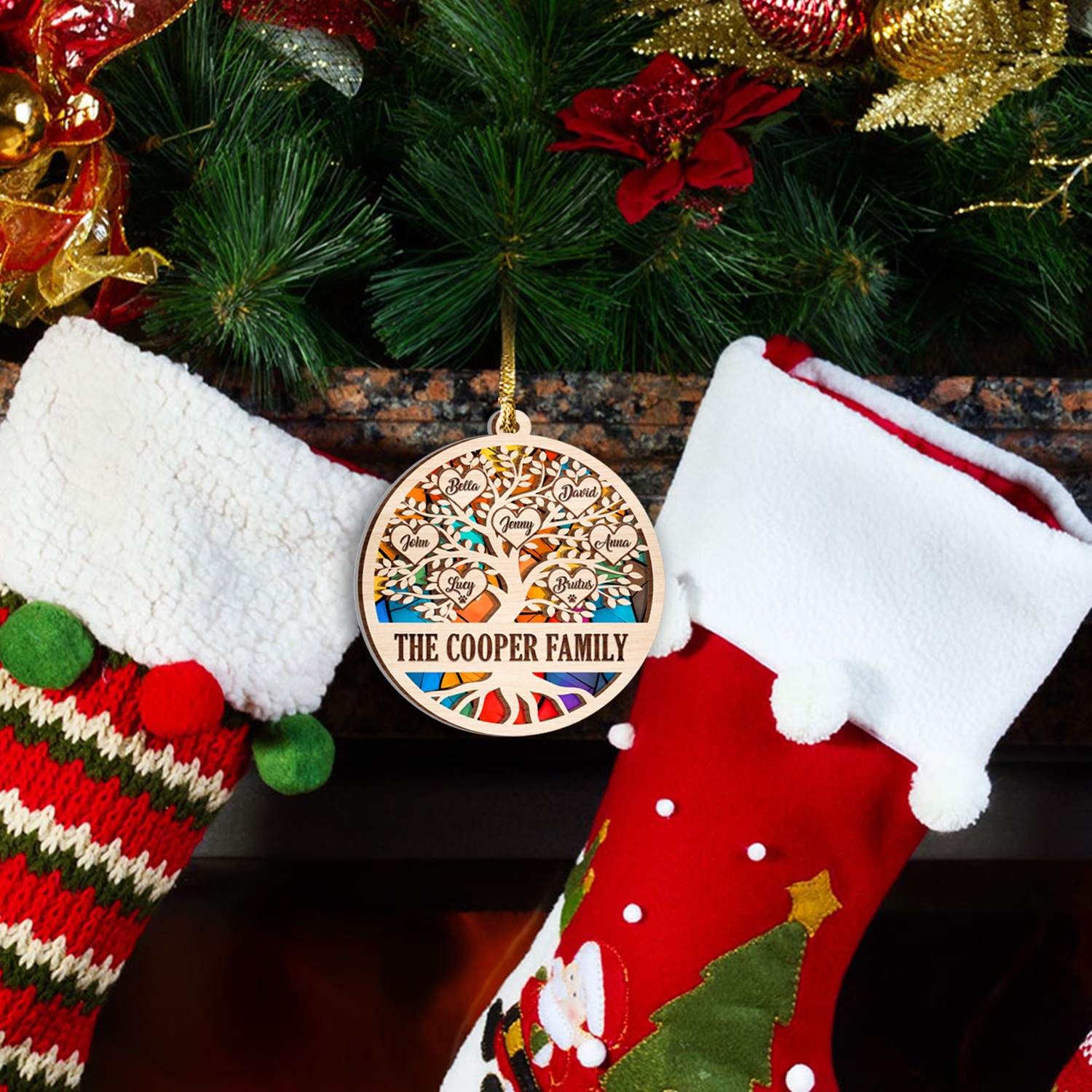 Christmas Family Tree Stained Glass Custom Two Layers Suncatcher Ornament Christmas Ornament Car Hanging Ornament
