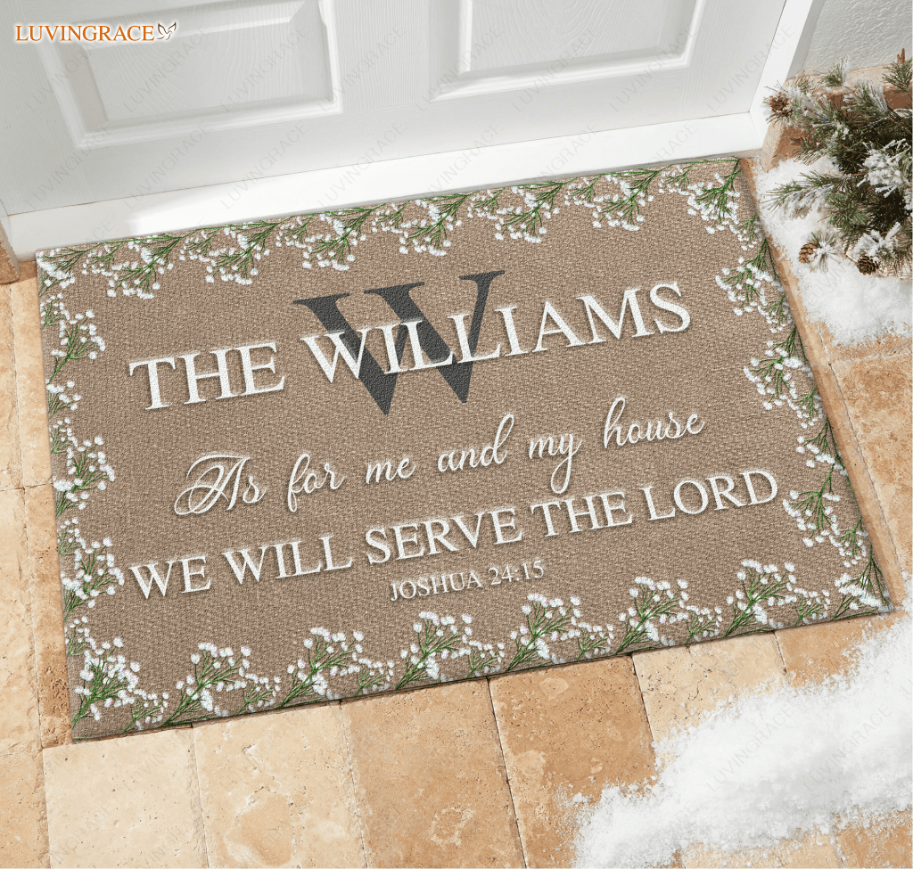Monogram Floral Wreath Rustic Serve The Lord Personalized Doormat