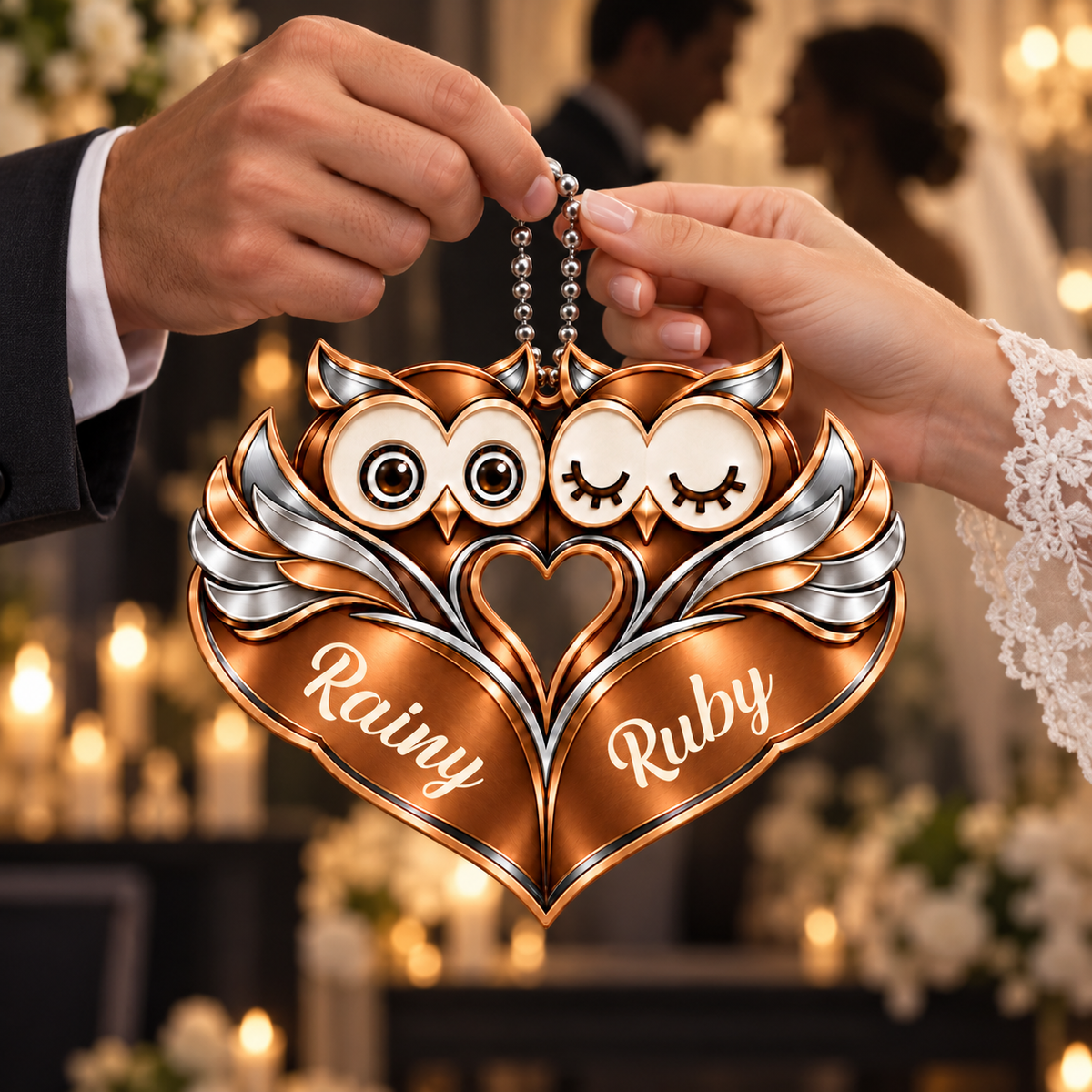 Personalized Names Brown Owl Couple Ornament - Owl Couple Heart Car Ornament - Anniversary Gifts for Couples, Husband & Wife