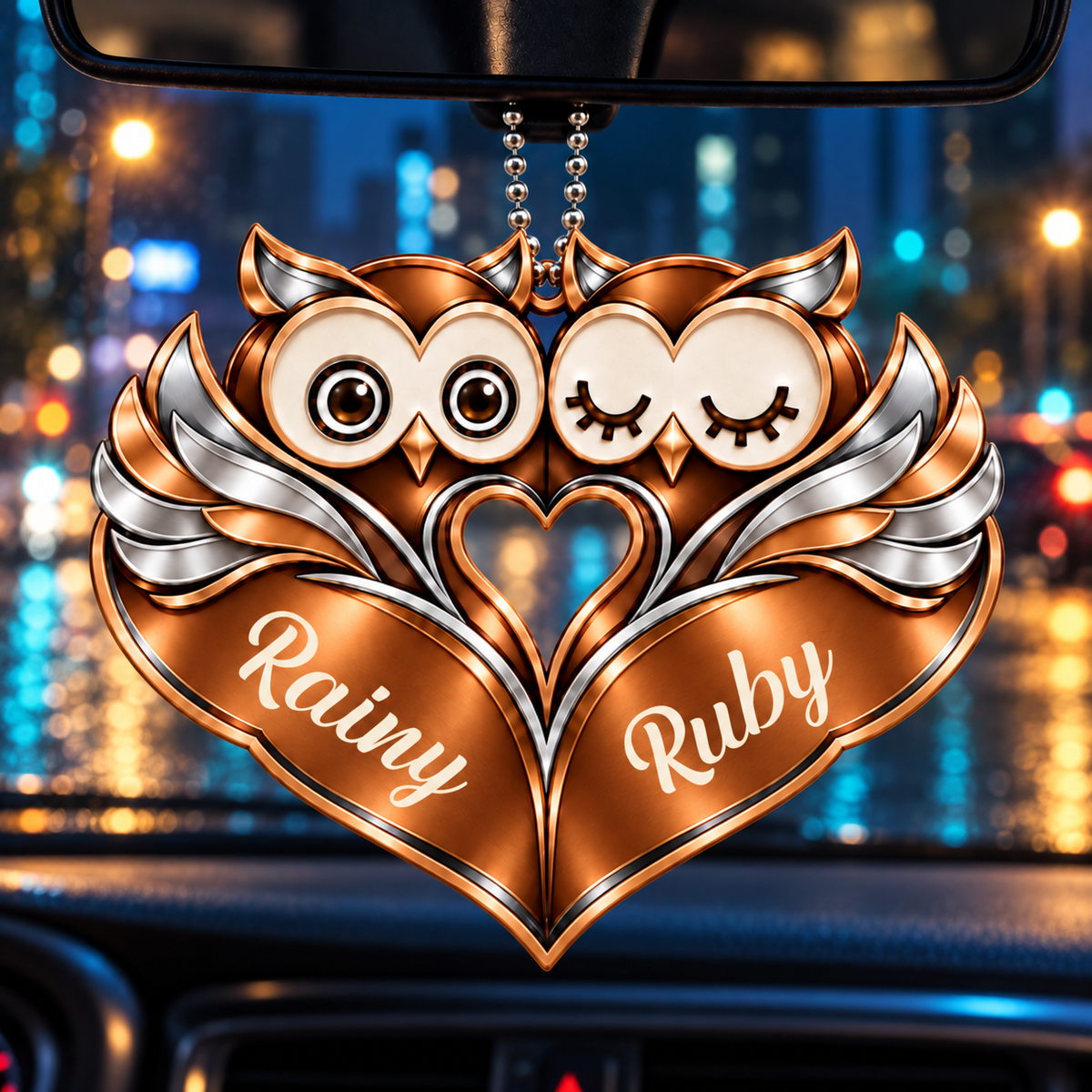 Personalized Names Brown Owl Couple Ornament - Owl Couple Heart Car Ornament - Anniversary Gifts for Couples, Husband & Wife