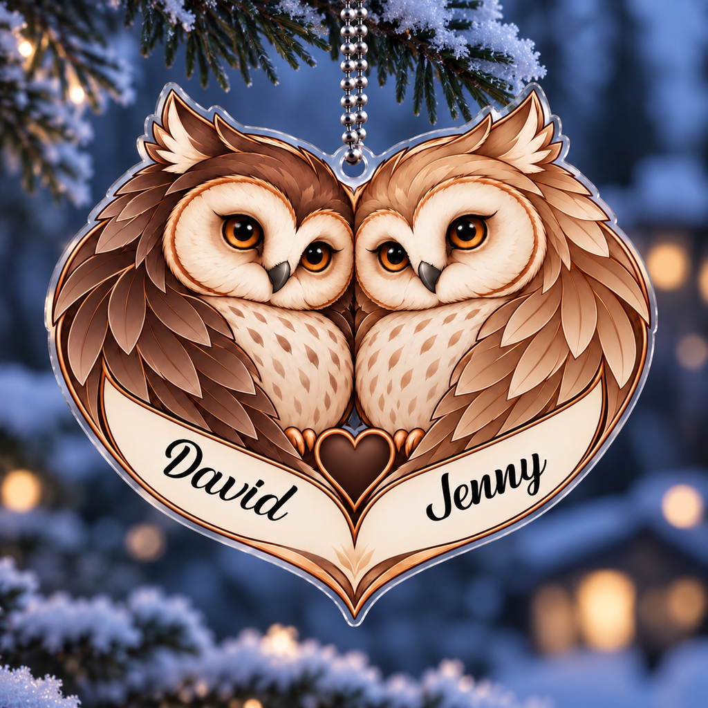 Personalized Names Classic Vibes Owl Couple Heart Ornament - Anniversary Gifts for Couples