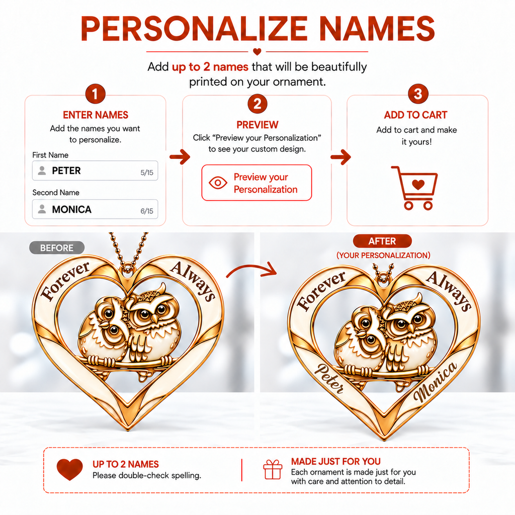 Couple Owl Heart Personalized Ornament - Custom Names Forever & Always with Owl Couple Heart Car Ornament - Gift for Couples, Anniversary Gifts for Husband & Wife, for Owl Lovers