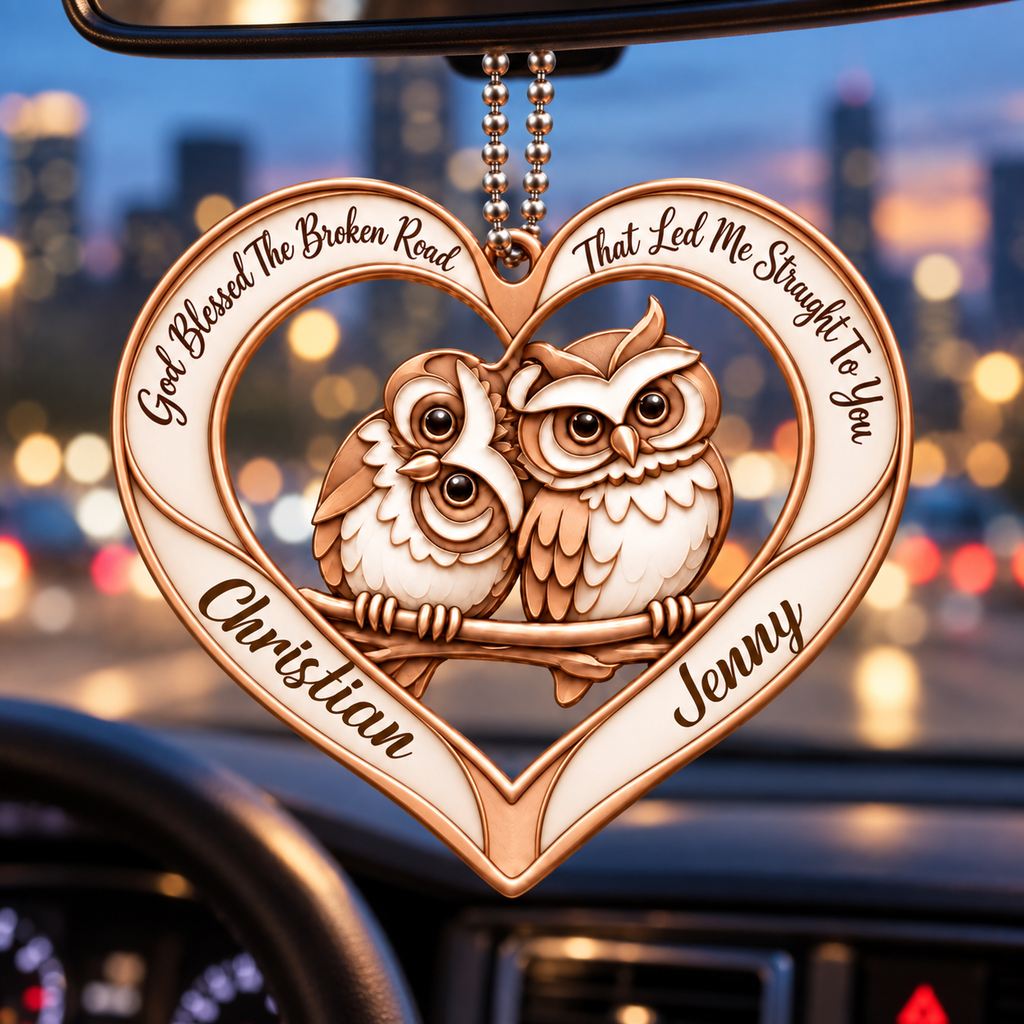 Couple Owl Heart Personalized Ornament - Custom Names God Blessed Heart with Owl Couple Heart Car Ornament - Gift for Couples, Anniversary Gifts for Husband & Wife, for Owl Lovers