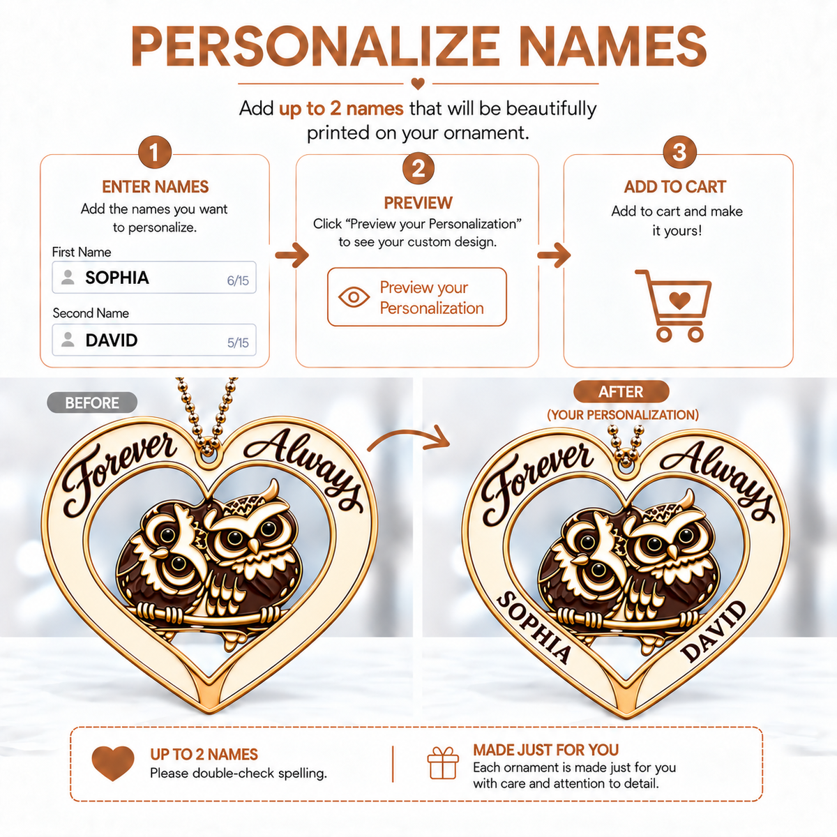 Personalized Couple Owl Ornament - Custom Names Forever and Always with Owl Couple Heart Car Ornament - Gift for Couples, Anniversary Gifts for Husband & Wife
