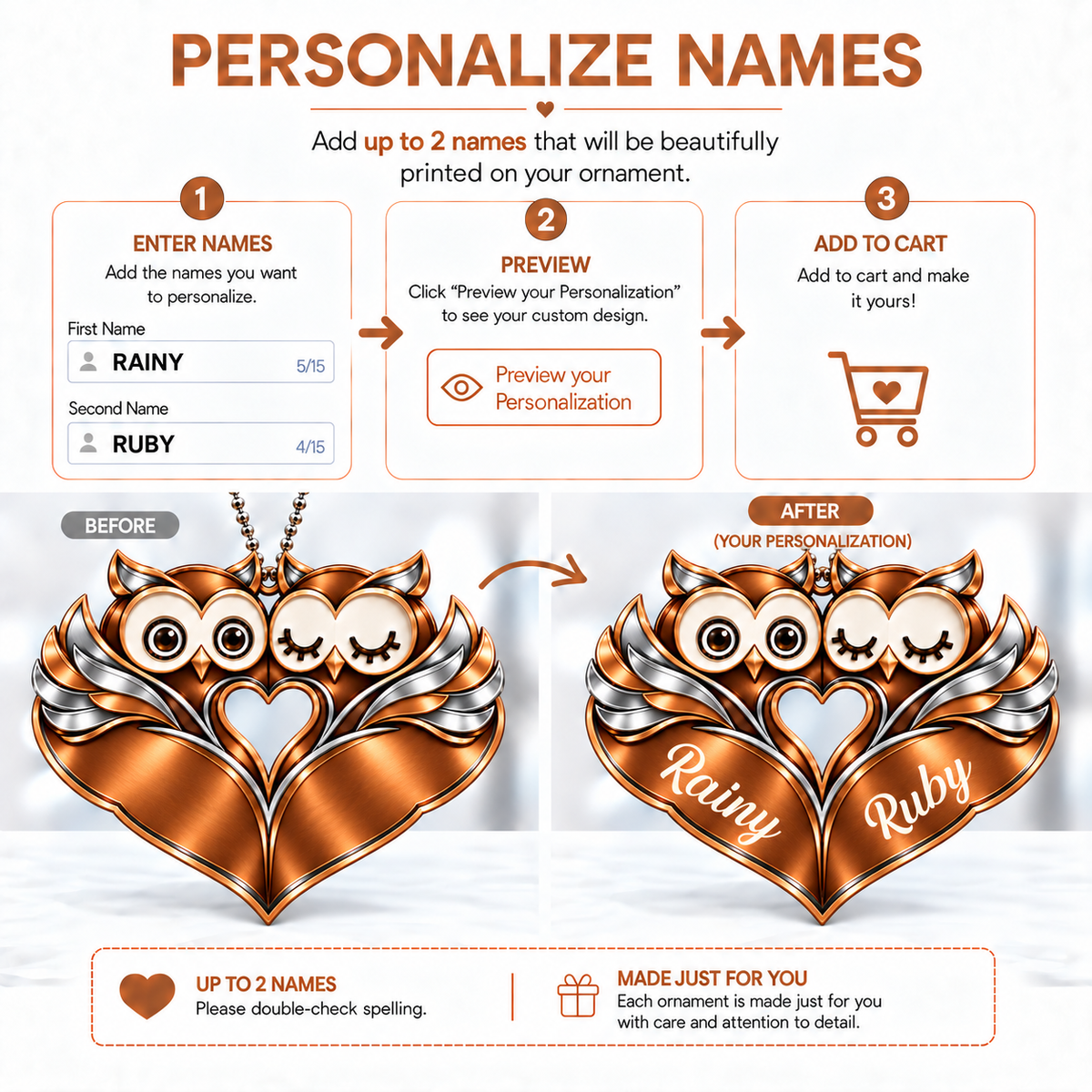 Personalized Names Brown Owl Couple Ornament - Owl Couple Heart Car Ornament - Anniversary Gifts for Couples, Husband & Wife