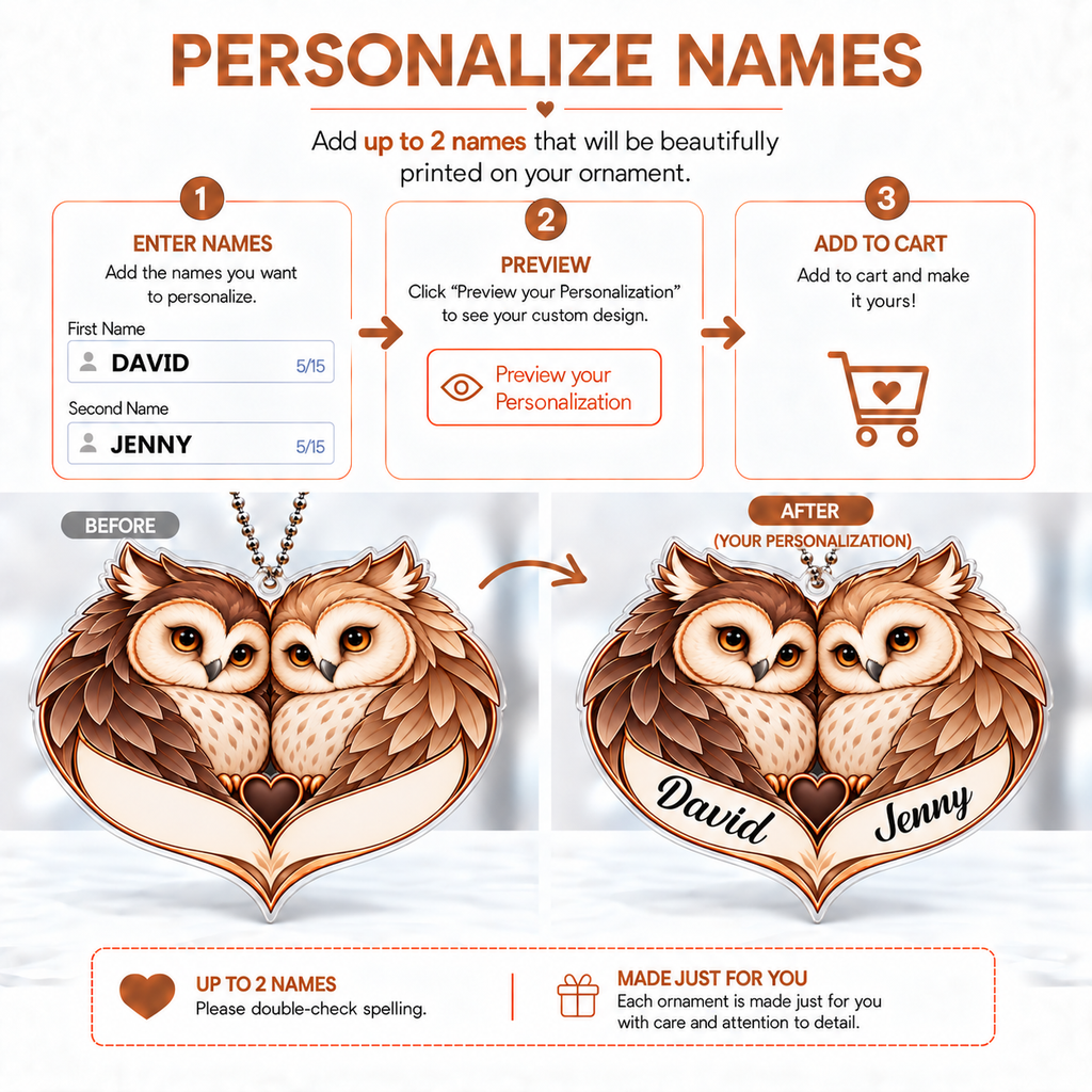 Personalized Names Classic Vibes Owl Couple Heart Ornament - Anniversary Gifts for Couples