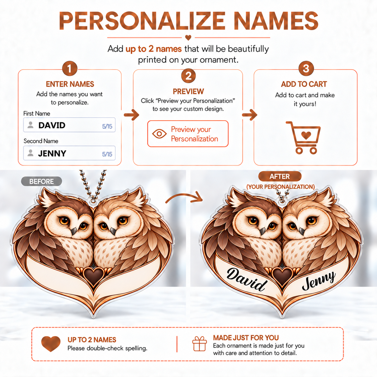 Personalized Names Classic Vibes Owl Couple Heart Ornament - Anniversary Gifts for Couples