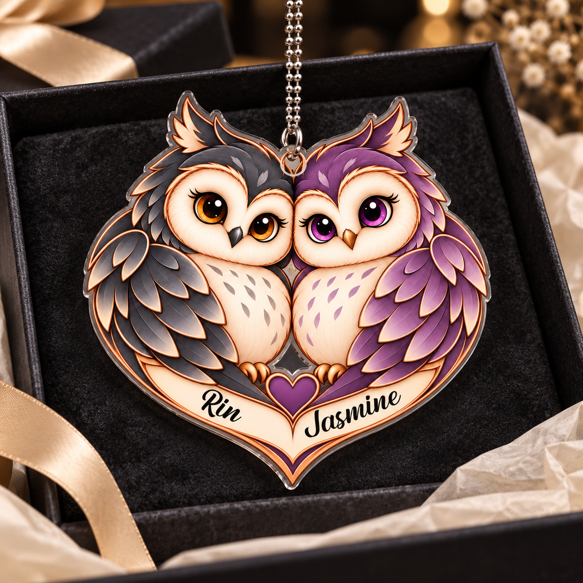 Couple Owl Heart Personalized Ornament - Custom Names Romantic Love with Owl Couple Heart Car Ornament - Gift for Couples, Anniversary Gifts for Husband & Wife, for Owl Lovers
