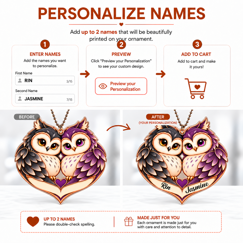 Couple Owl Heart Personalized Ornament - Custom Names Romantic Love with Owl Couple Heart Car Ornament - Gift for Couples, Anniversary Gifts for Husband & Wife, for Owl Lovers