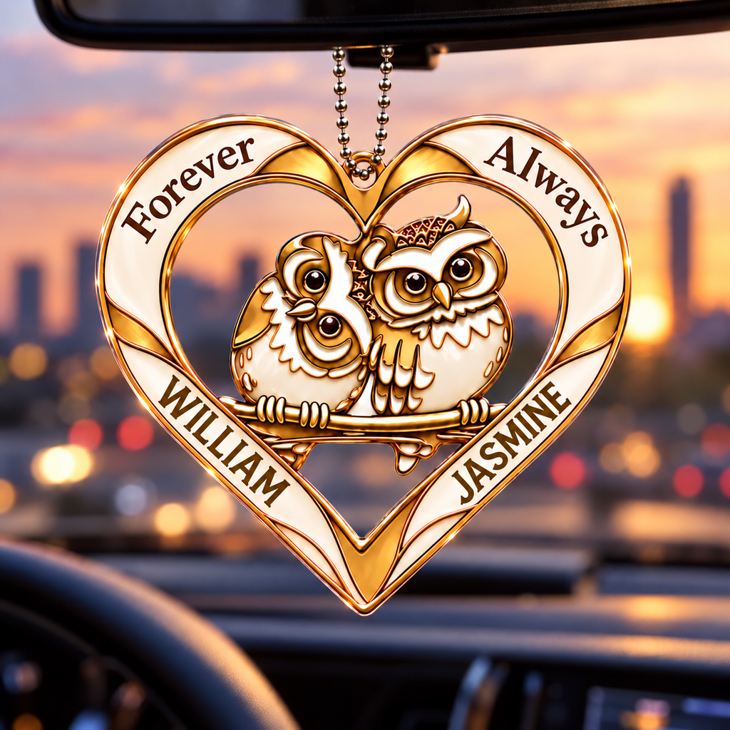 Couple Owl Heart Personalized Ornament - Custom Names Forever & Always with Owl Couple Heart Car Ornament - Gift for Couples, Anniversary Gifts for Husband & Wife, for Owl Lovers