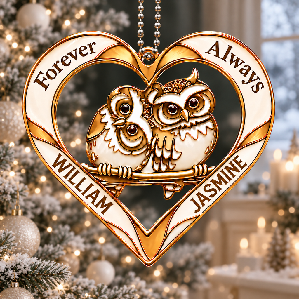 Couple Owl Heart Personalized Ornament - Custom Names Forever & Always with Owl Couple Heart Car Ornament - Gift for Couples, Anniversary Gifts for Husband & Wife, for Owl Lovers