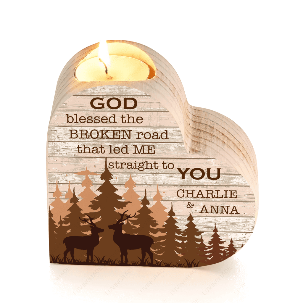 Old Wood Deer Couple In Forest God Blessed Personalized Candle Holder