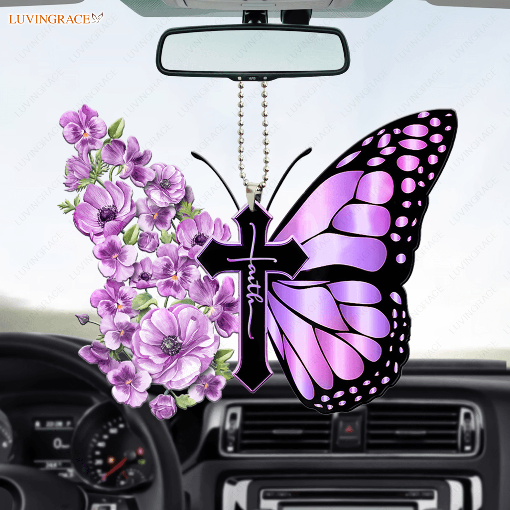 Pansies Butterfly Faith Cross Ornament