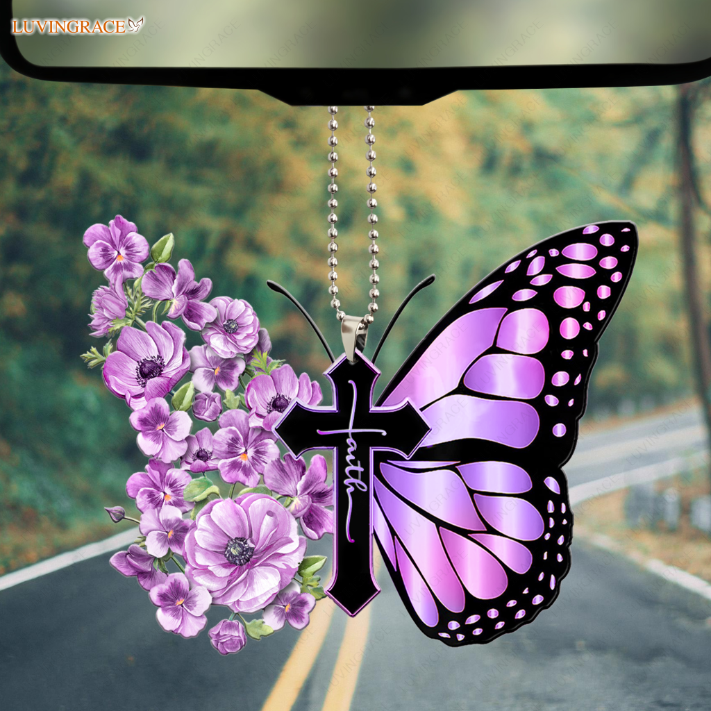 Pansies Butterfly Faith Cross Ornament