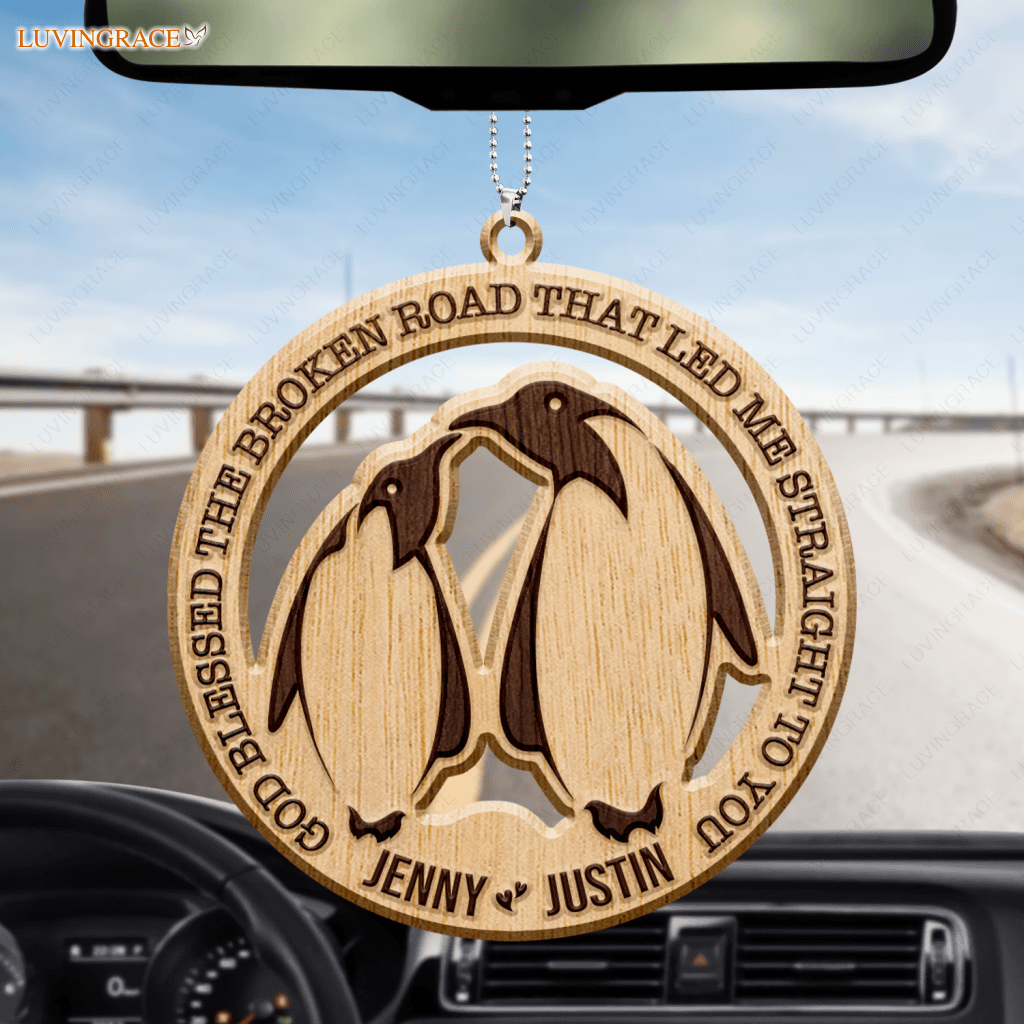 Penguin Couple God Blessed Personalized Wood Engraved Ornaments Wooden Ornament