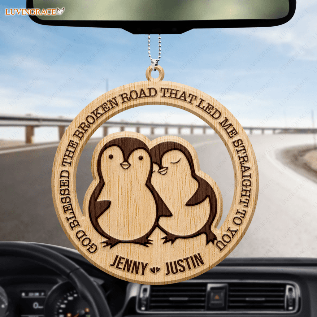Penguin Couple God Blessed Personalized Wood Engraved Ornaments Wooden Ornament