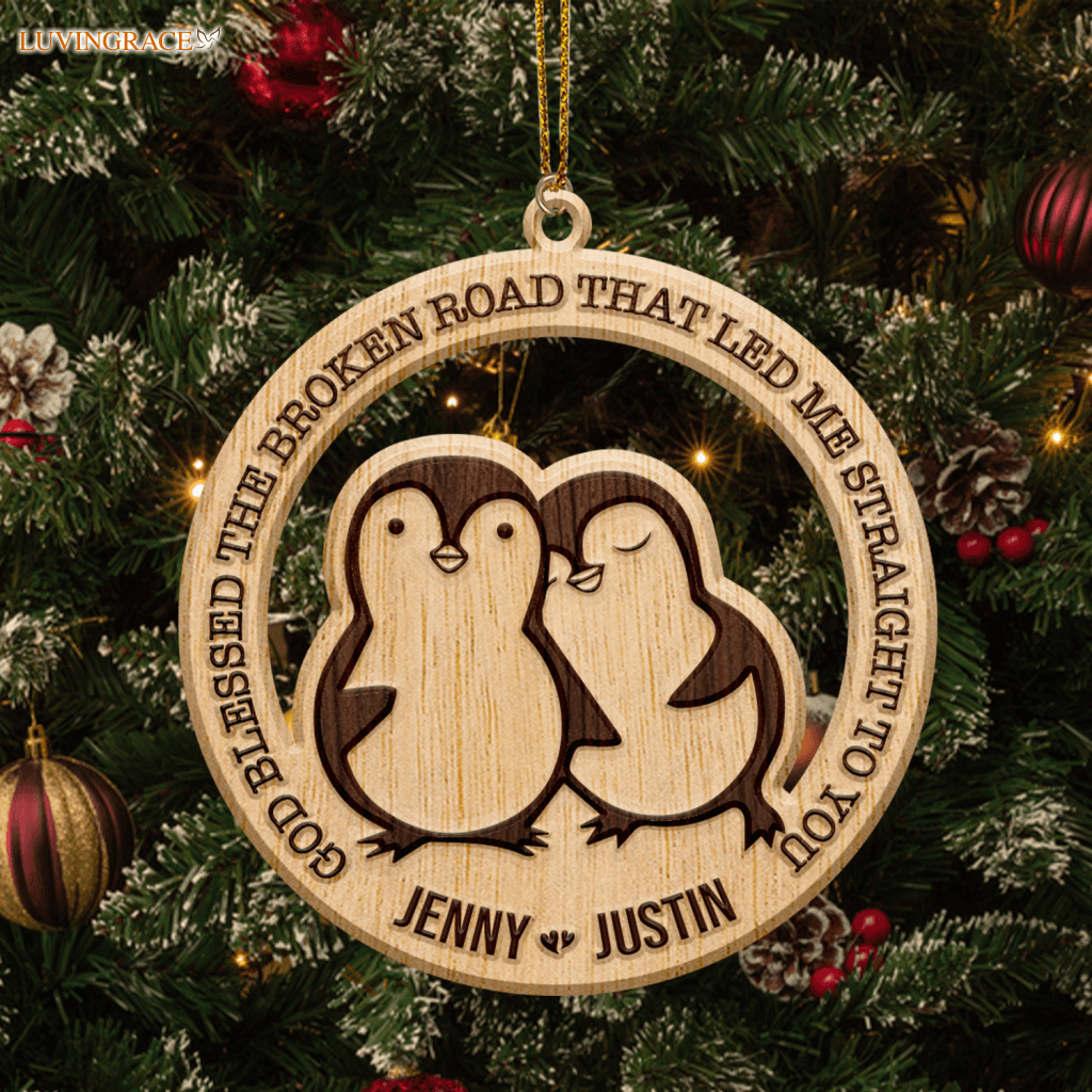 Penguin Couple God Blessed Personalized Wood Engraved Ornaments Wooden Ornament