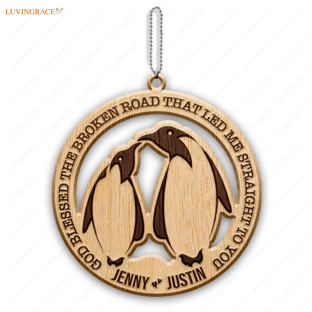 Penguin Couple God Blessed Personalized Wood Engraved Ornaments Wooden Ornament
