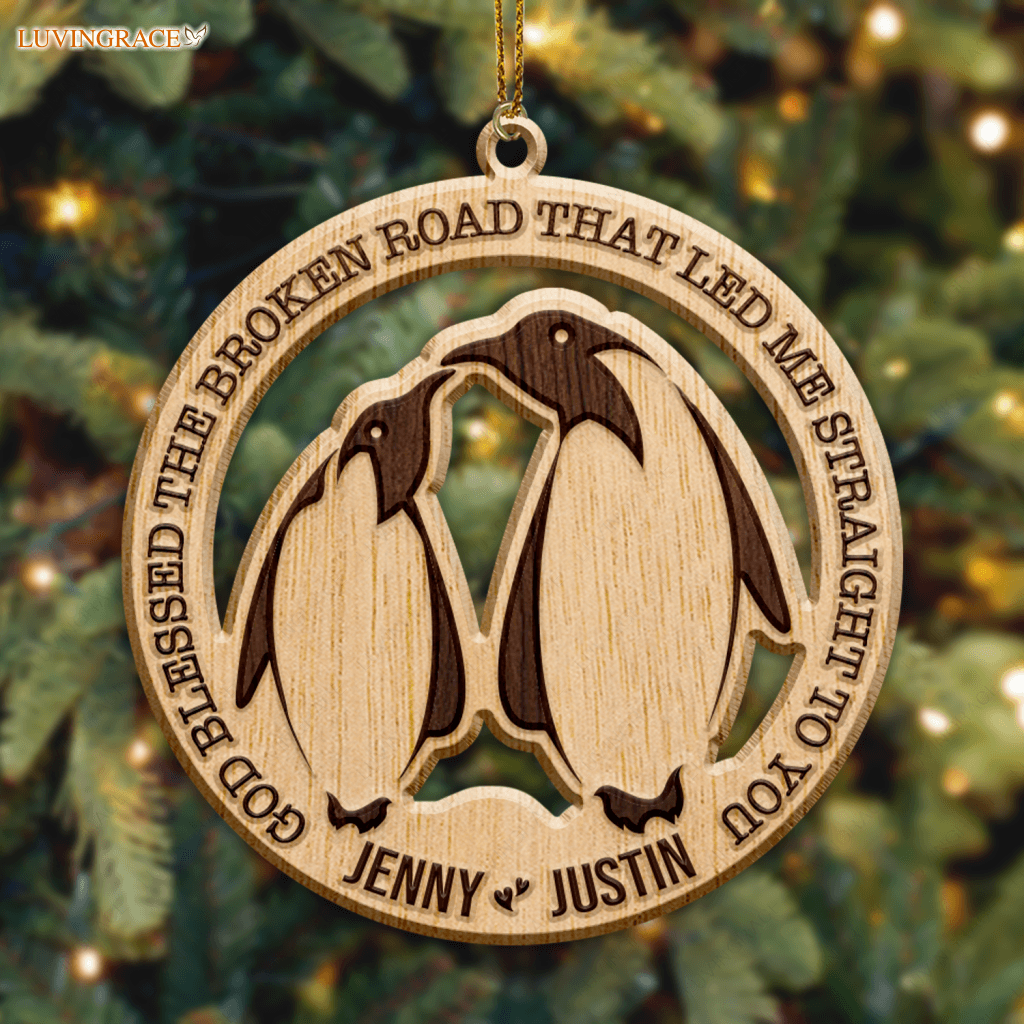 Penguin Couple God Blessed Personalized Wood Engraved Ornaments Wooden Ornament