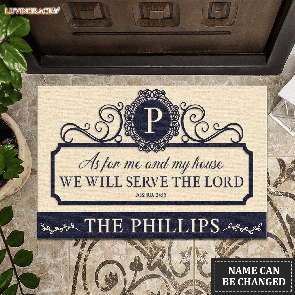 Personalized As For Me And My House Navy Tan Doormat