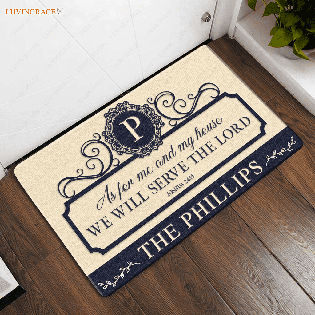 Personalized As For Me And My House Navy Tan Doormat