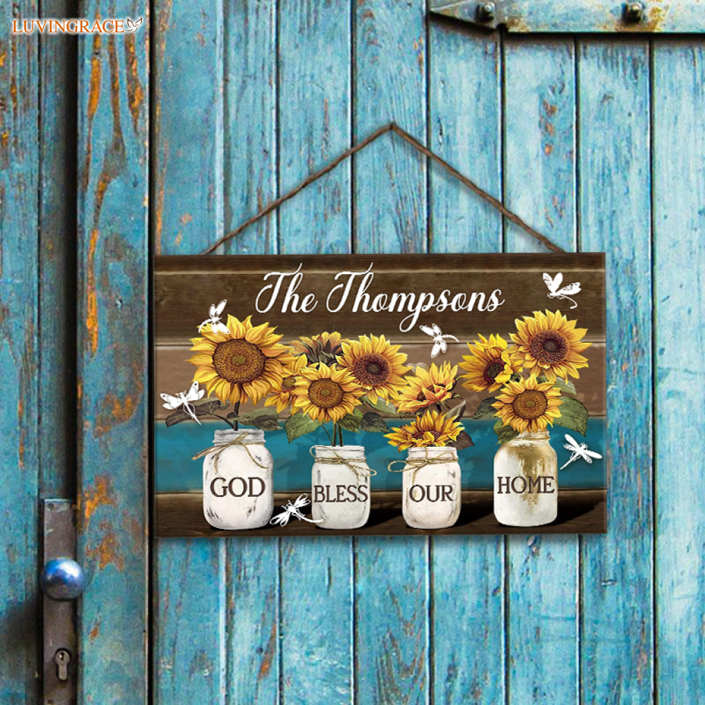 Personalized Bless Our Home Wood Rectangle Sign